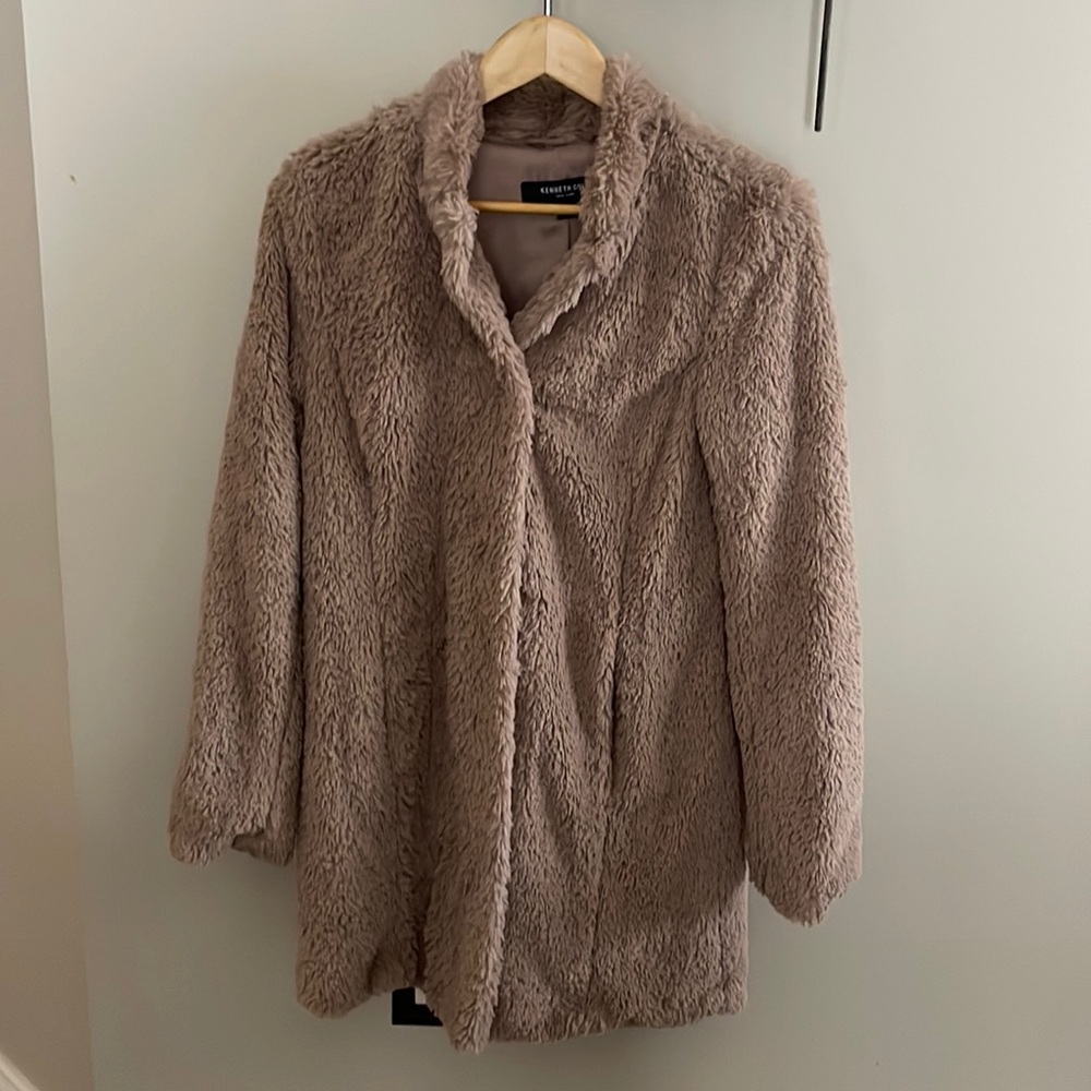 Kenneth Cole faux fur taupe coat
